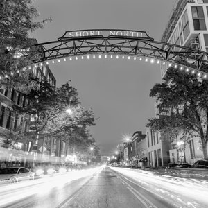 Black and White Wall Art Columbus Ohio Short North District at Night Print - Black & White Photograph Art Print of busy Columbus