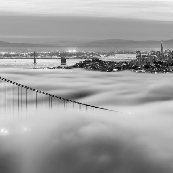 Black and White San Francisco Photograph - Golden Gate Bridge Print - Monochrome San Francisco Fog over the Bay and City Sunrise Panoramic