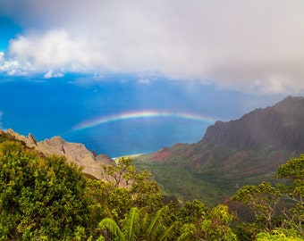 Hawaii Photography - Hawaiian Rainbow Photo Print of Pacific Ocean -  Tropical Art Photograph of Kauai Mountains, Ocean, Beach, Rainbow