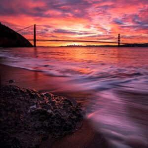 San Francisco Photograph - Beautiful Sunrise from a California Beach - Landmark Golden Gate Bridge and San Fran City - Pink, Purple, Red