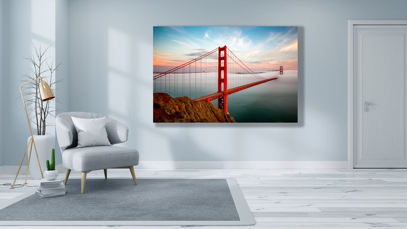 Stampa Golden Gate Bridge nella bellissima nebbia di San Francisco al tramonto Bay Area Art Sunset Photo California Home Art and Decor Bridge Fog immagine 1