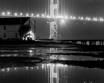 Black and White Golden Gate Bridge Photo with a Reflection of the SF Landmark - San Francisco Art - San Francisco Fog - Golden Gate Fog Art