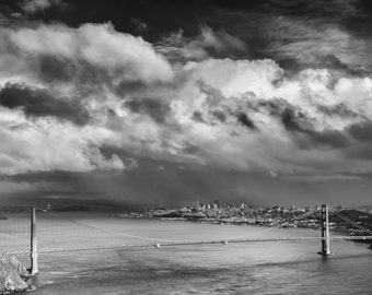 San Francisco Black and White Photograph - Classic and Romantic San Francisco's Golden Gate Bridge in Black & White with Heavy Rainclouds