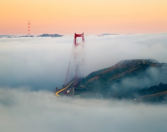 San Francisco Art - Golden Gate Bridge Print of a Beautiful Foggy Sunset in California - San Francisco Print - Long Exposure Photography