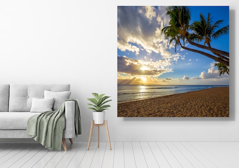 Maui Hawaii Sunset Photo Beautiful Paradise Beach Photograph from the Hawaiian Island of Maui Palm Trees Sand Ocean Sunset imagen 1