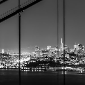Black and White San Francisco City Photograph through the Golden Gate Bridge Cables - Beautiful Black and White Print of San Francisco