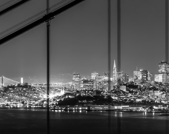 Black and White San Francisco City Photograph through the Golden Gate Bridge Cables - Beautiful Black and White Print of San Francisco