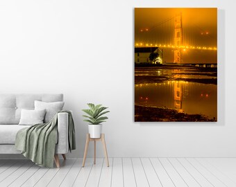 Golden Gate Bridge Print at Night with Fog and a Reflection after the Rain - San Francisco Art - Golden Gate Photo, Golden Gate Wall Art