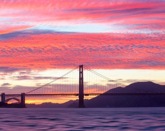 Photo of the San Francisco Bay and Golden Gate Bridge at Sunset - Pink and Vibrant Sunset - San Francisco Art - Golden Gate Bridge Print