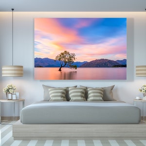 Nieuw-Zeeland Canvas Print Mountain Print, Lake Wall Art, Zonsondergang Grote Wall Art Nieuw-Zeeland Landschap Print, Nieuw-Zeeland Boom Natuur Foto afbeelding 1