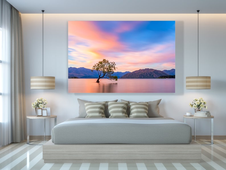 Nieuw-Zeeland Canvas Print Mountain Print, Lake Wall Art, Zonsondergang Grote Wall Art Nieuw-Zeeland Landschap Print, Nieuw-Zeeland Boom Natuur Foto afbeelding 1