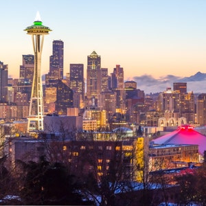 Seattle Photography - Seattle Skyline Print at Sunrise - Photo Seattle, Mt Rainier, the Space Needle in Landscape Panoramic Format