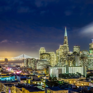 San Francisco Downtown Photo - San Fran Skyline at Night Print - The San Francisco Skyline with the Bay Bridge Poster Print - Blue, Yellow