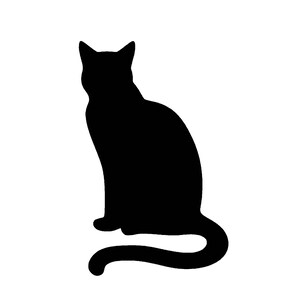Könnte beinhalten: Schwarze Silhouette einer Katze, die mit ihrem Schwanz um den Körper gewickelt sitzt.