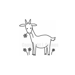 Può includere: Un disegno in bianco e nero di una capra che mangia un fiore. La capra è in piedi in un campo con tre fiori.