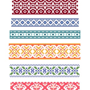 May include: Six different pixelated patterns in various colors, including red, blue, green, yellow, and pink. The patterns are arranged in a vertical row and are suitable for use as borders or decorative elements.