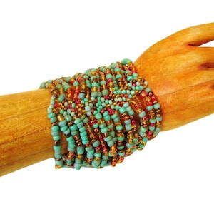 Handmade Beaded Bracelet, Handcrafted Stretch Bead Bracelet, Wide Cuff Stretch Bead Bracelet, Cuff Bracelet, Boho Chic Artisan Handmade