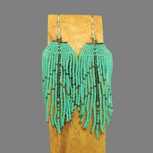Turquoise Chandelier Earrings: Boho Beaded Earrings, Handmade Turquoise Chandelier Boho Style Dangle Seed Bead Earring, Handcrafted Jewelry