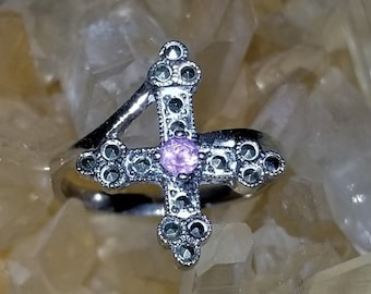 Sterling Silver Ring: Amethyst Marcasite Cross Ring, 925 Sterling Silver, Genuine Gemstones, Purple Amethyst Ring, Exquisite One of a Kind