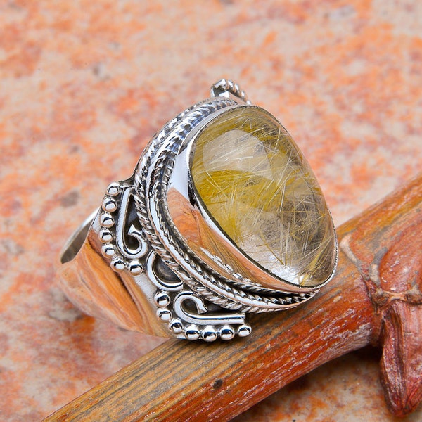 Rutilated Quartz Ring Set in 925 Sterling Silver One of a Kind