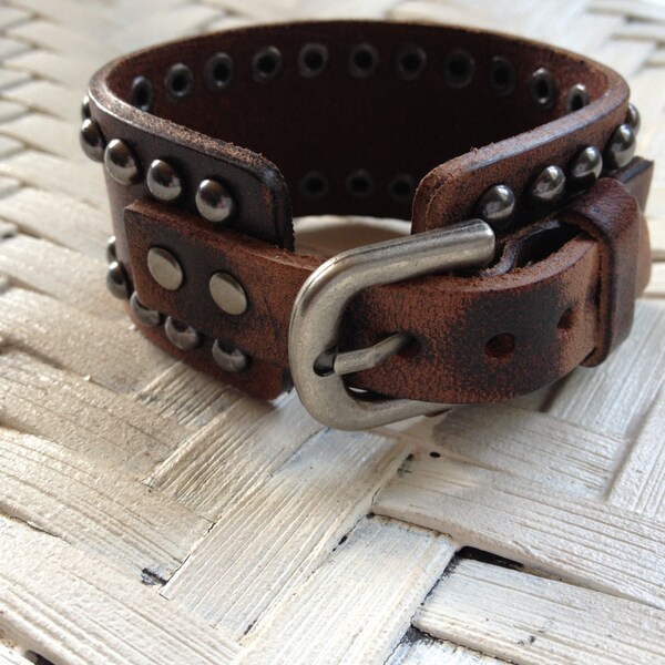 Distressed 1" Leather Rivet Cuff- Buckle Cuff, Biker Musicians Rocker Drummer Cuffs, Personalized Mens Accessories, Thick Leather Bracelets