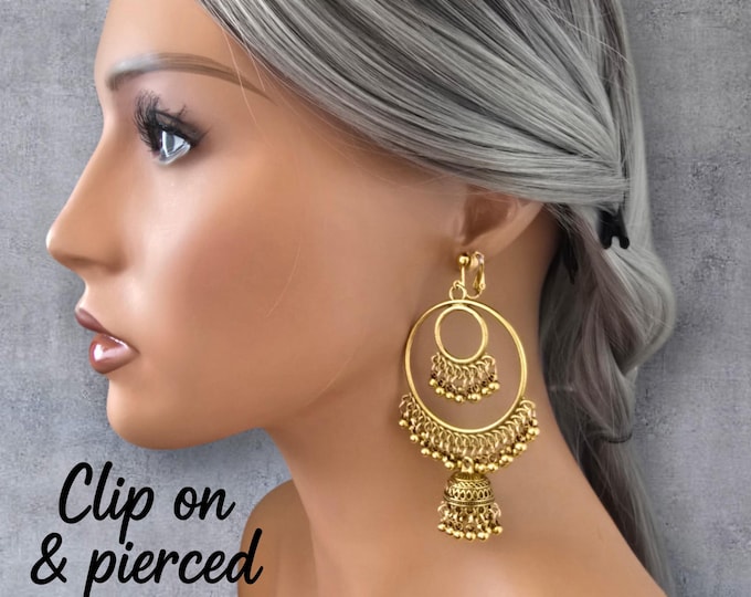 Clip-On Earrings | 3.5" Long Indian Bollywood Gold Tone Dangle Drop Earrings | Non-Pierced Ethnic Jewelry | Gift for her