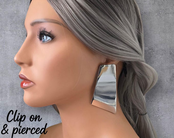 Large Silver Statement Earrings – Geometric Long Studs in Clip-On or Pierced Options | Bold Fashion Jewellery | Modern Retro Earrings
