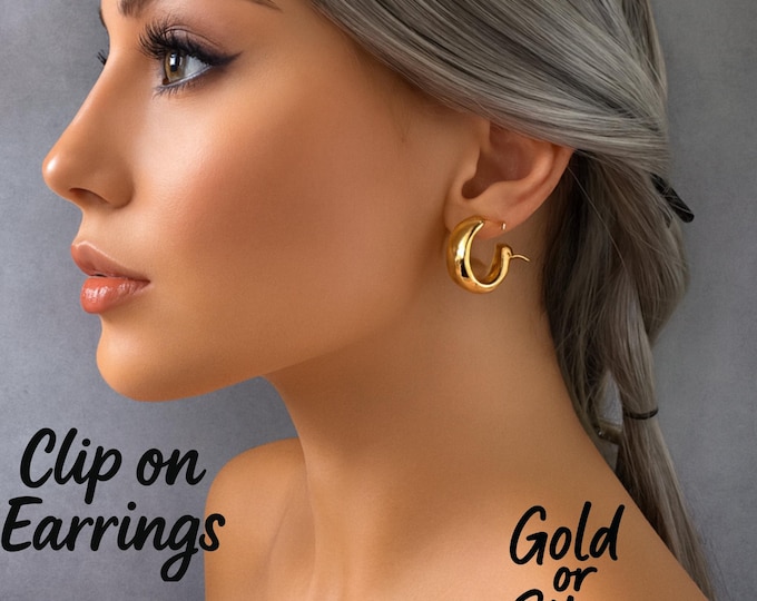 Gold Tone Clip-On Hoop Earrings | Small Wide Chunky Hoop Earrings, Non-Pierced, 1.1" stylish fashion Hoops ear clips