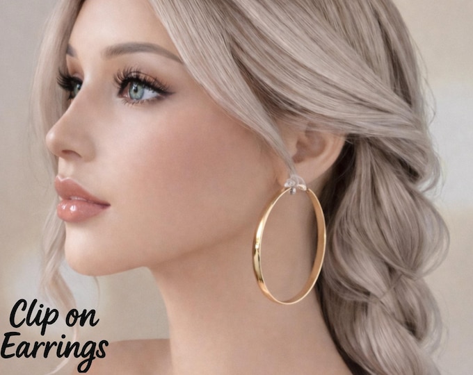 Gold Tone Clip On Hoop Earrings – Large Statement Hoops – Minimalist Modern Thin Flat Circle Design – 2.75" / 7cm