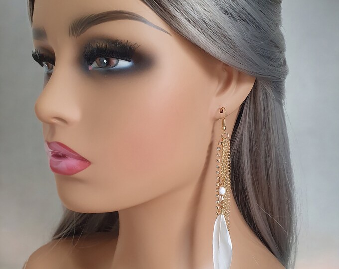 1 pair of boho 6" long white feather & gold - diamante chain tassel drop earrings - Clip on or pierced options - 18k gold plated findings