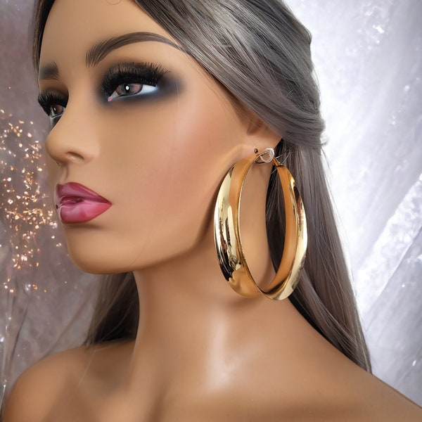 1 pair 3.35" extra wide gold or silver tone CLIP ON wide concave tube hoop earrings, big statement earrings, pierced, non pierced options