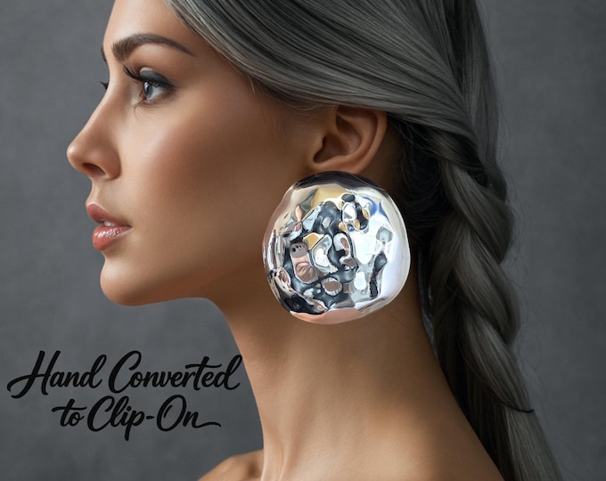 Oversized Silver Tone Clip-On Earrings – Hammered Dome Statement Clips