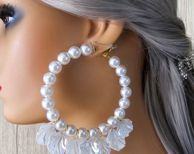 1 pair pearl bead CLIP ON hoop earrings - 4.5" long white faux pearl bead & leaf charm drop hoop earrings - clip on or pierced option