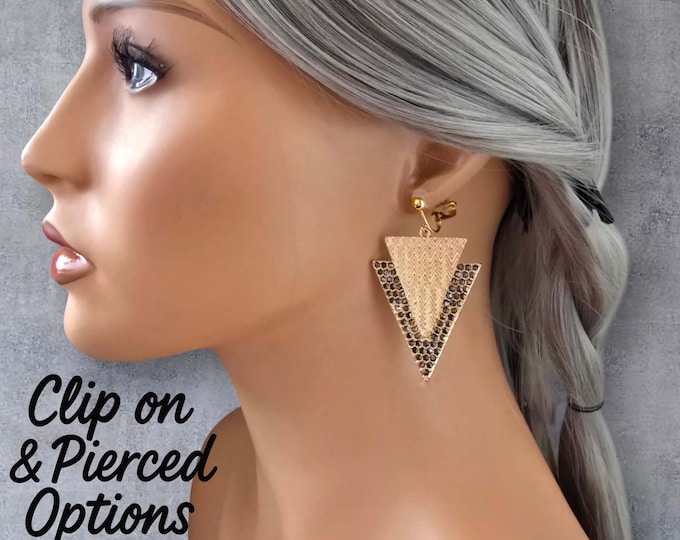 Geometric Statement Earrings | Gold Tone & Black Rhinestone Triangle Drop Earrings | Clip-On or Pierced Options  | Bold Fashion Jewelry Gift