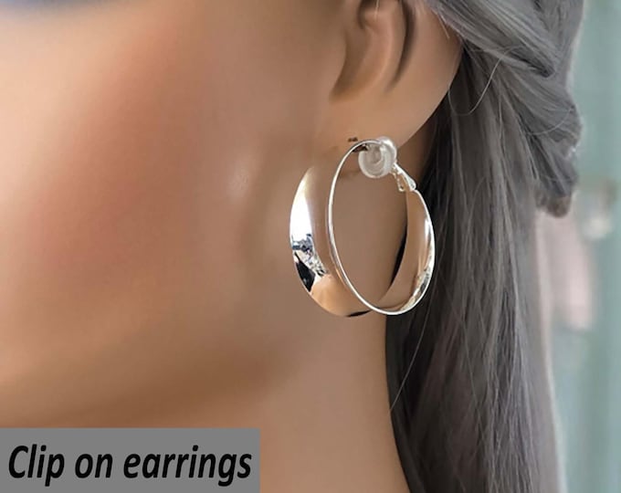 Clip on hoop earrings - 1.5" Sterling silver plated wide concave tube hoop earrings for non pierced ears, clip on hoops, clip on earrings