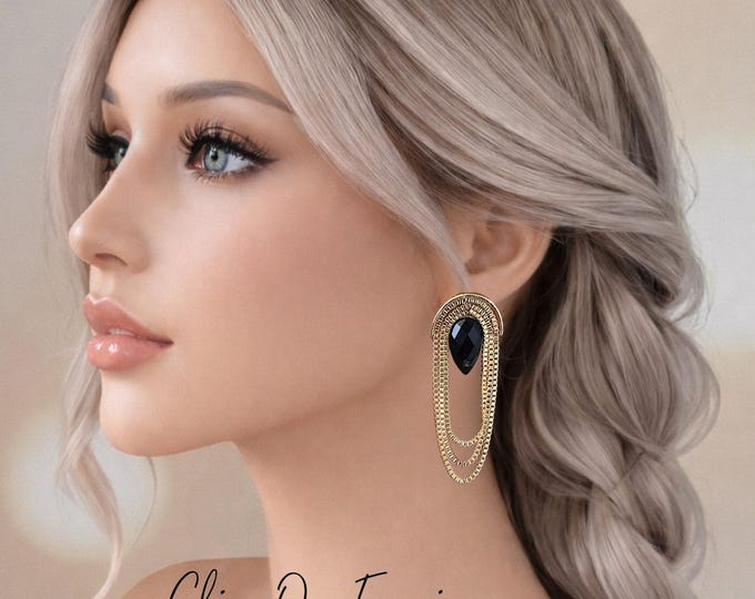 Clip-On Earrings – Gold Tone & Black  Dangle Earrings – Non Pierced – 2.8" - 7cm