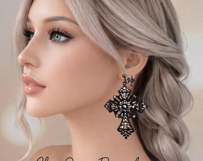 Black Cross Statement Clip-On Earrings – Gothic Vintage Style Rhinestone Drop Earrings – 3" - 7.5cm