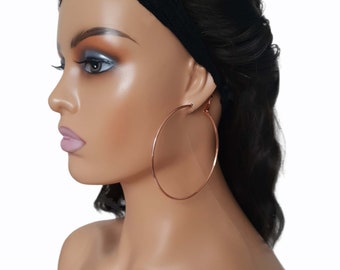 1 pair of Plain large ROSE GOLD  coloured wire hoop earrings - 3.1" - 8cm - 80mm - Pierced or clip on options