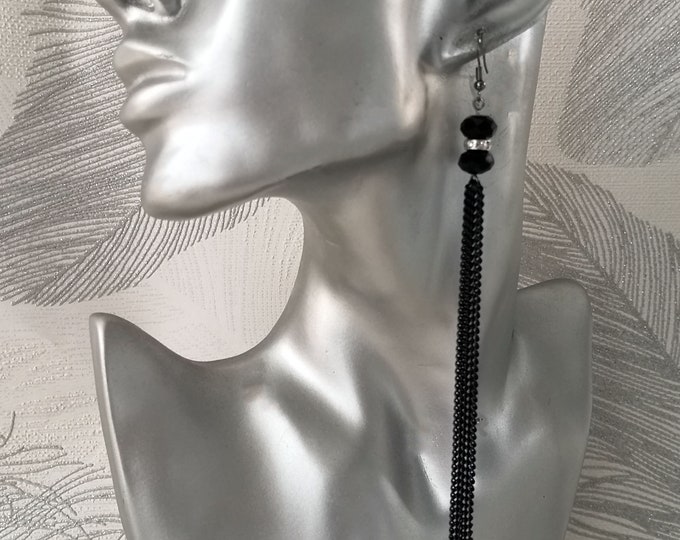 Extra long clip on earrings - black bead - diamante & chain tassel drop earrings - 6" long - Pierced or clip on options - Shorter / longer