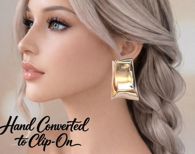 Large Gold Tone Geometric Clip On Earrings | Bold Statement Converted Clip-On Earrings | Non Pierced