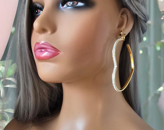 1 pair CLIP ON hoop earrings - 3" gold stainless steel heart shape hoop earrings - Clear diamante rhinestone set in white clay - Non pierced