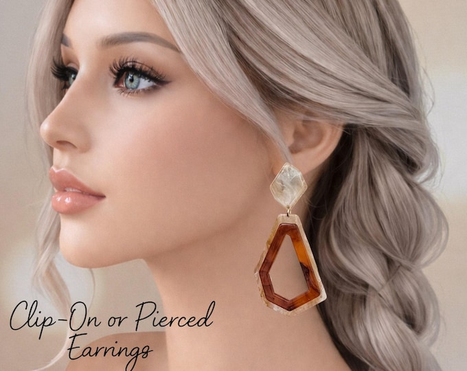 Clip-On Earrings - Geometric Marbled Brown Tone Resin Drop Earrings – Clip-On or Pierced,  3.5" - 9cm