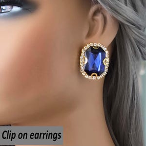 CLIP ON diamante earrings, clip on studs, large gold tone faux sapphire blue rhinestone earrings for non pierced ears - statement ear clips