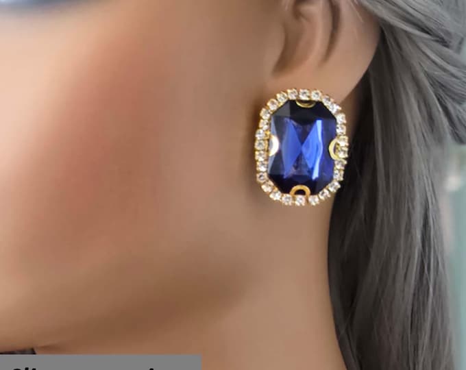 CLIP ON diamante earrings, clip on studs, large gold tone faux sapphire blue rhinestone earrings for non pierced ears - statement ear clips