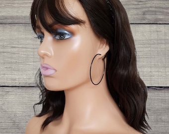 2.25 " black painted plain wire CLIP ON hoop earrings non pierced ear's - pierced option available - big - large fashion hoops