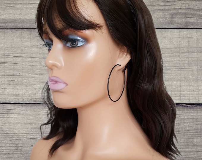 2.25 " black painted plain wire CLIP ON hoop earrings non pierced ear's - pierced option available - big - large fashion hoops