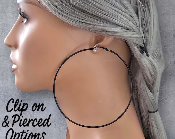 Extra Large Lightweight Black Hoop Earrings | Clip-On or Pierced Options | 4" Statement Hoops  | Bold Oversized Earrings