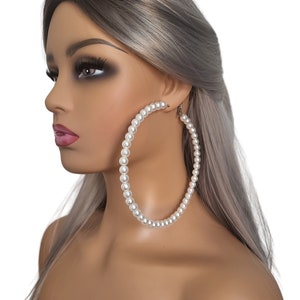 1 pair of Oversized HUGE XL Pearl Hoop Earrings - 5.5&quot; - 13cm - lightweight Pearl Hoops - XL hoop earrings for pierced ears - White or Ivory