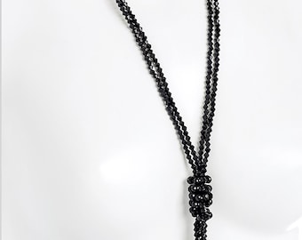 28" long black glass beaded necklace - double layered beaded pendant necklace, beautiful faceted glass beads - long bead necklace