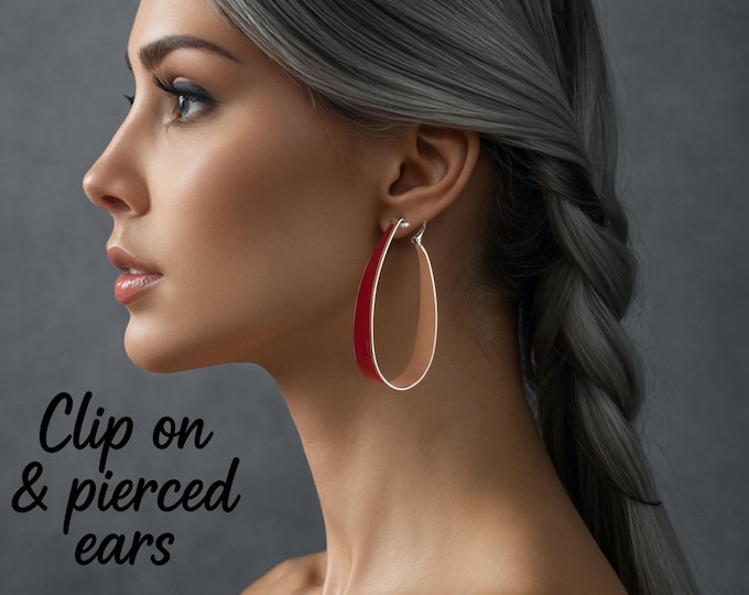 Red Enamel Silver Tone Clip On Hoop Earrings | Sleek Teardrop Hoops | Modern Statement Earrings